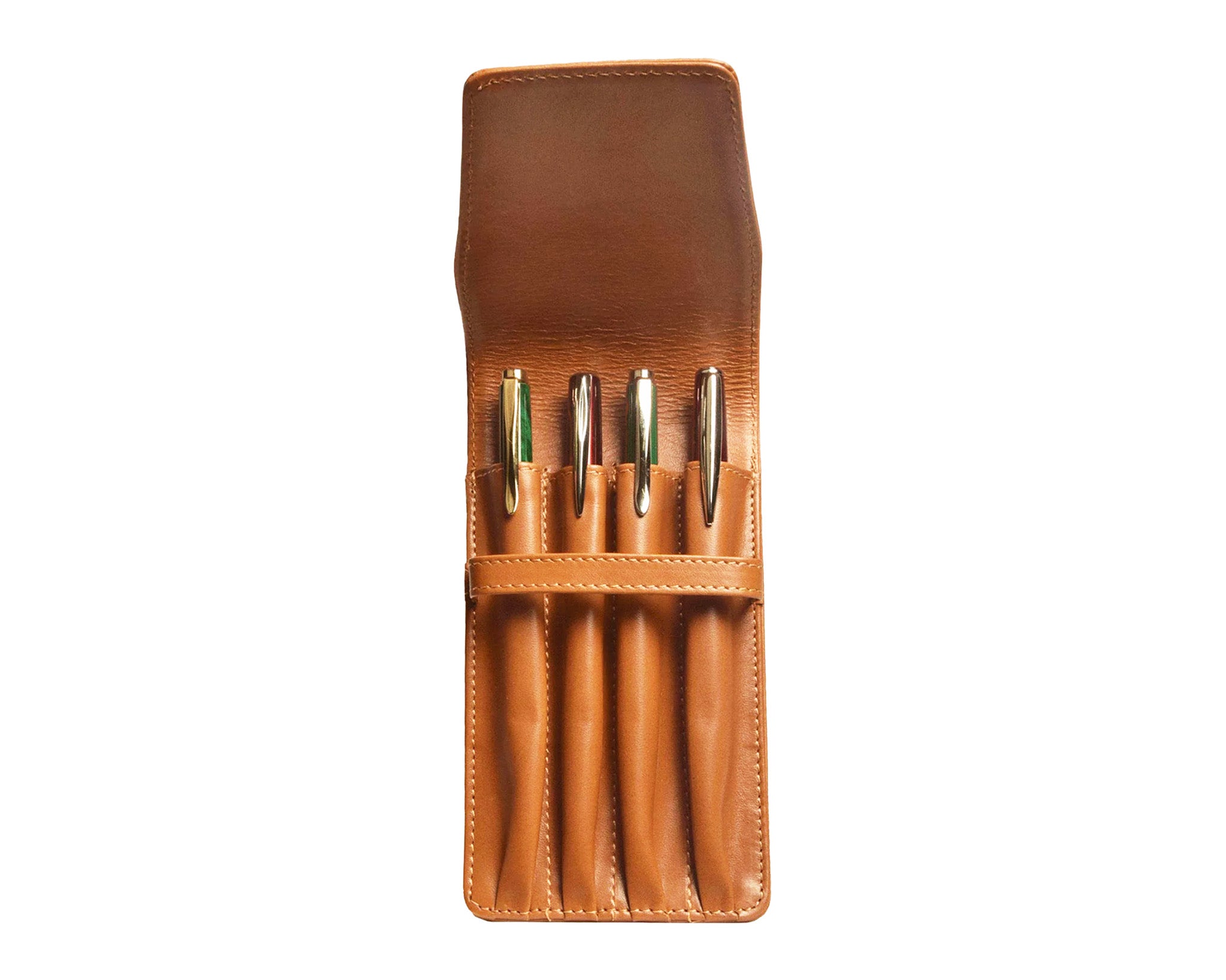 Aston Leather Quad Flap Soft Pen Pouch - Tan