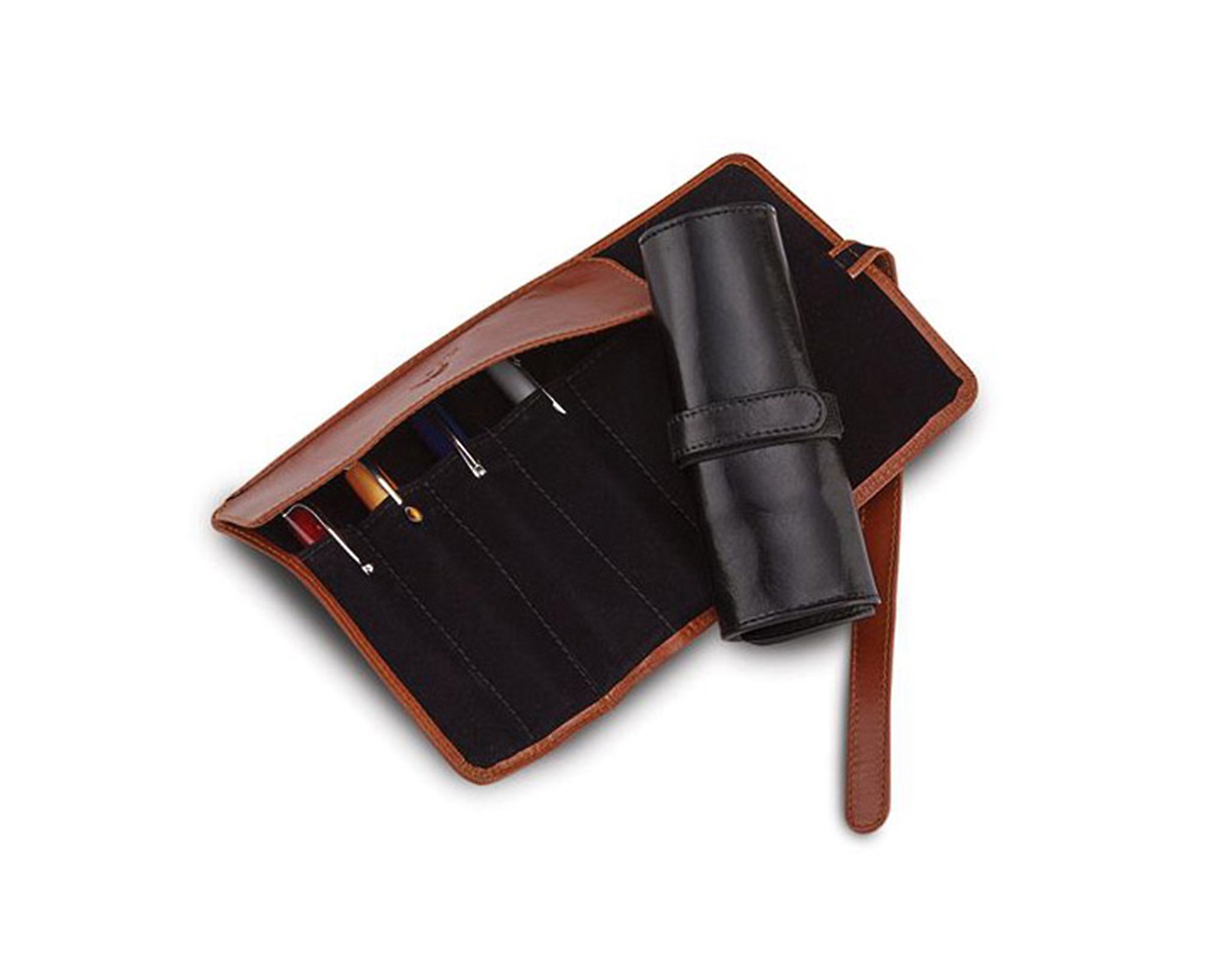 Aston Leather 5 Pen Roll Up Case - Black