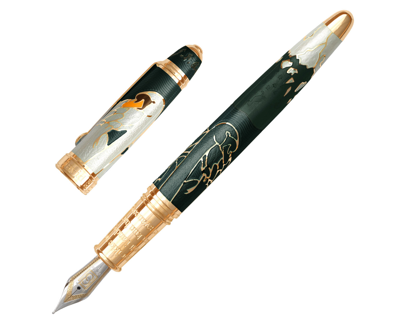 David Oscarson Hans Christian Andersen Fountain Pen - Translucent Mossy Black and White with Gold Vermeil