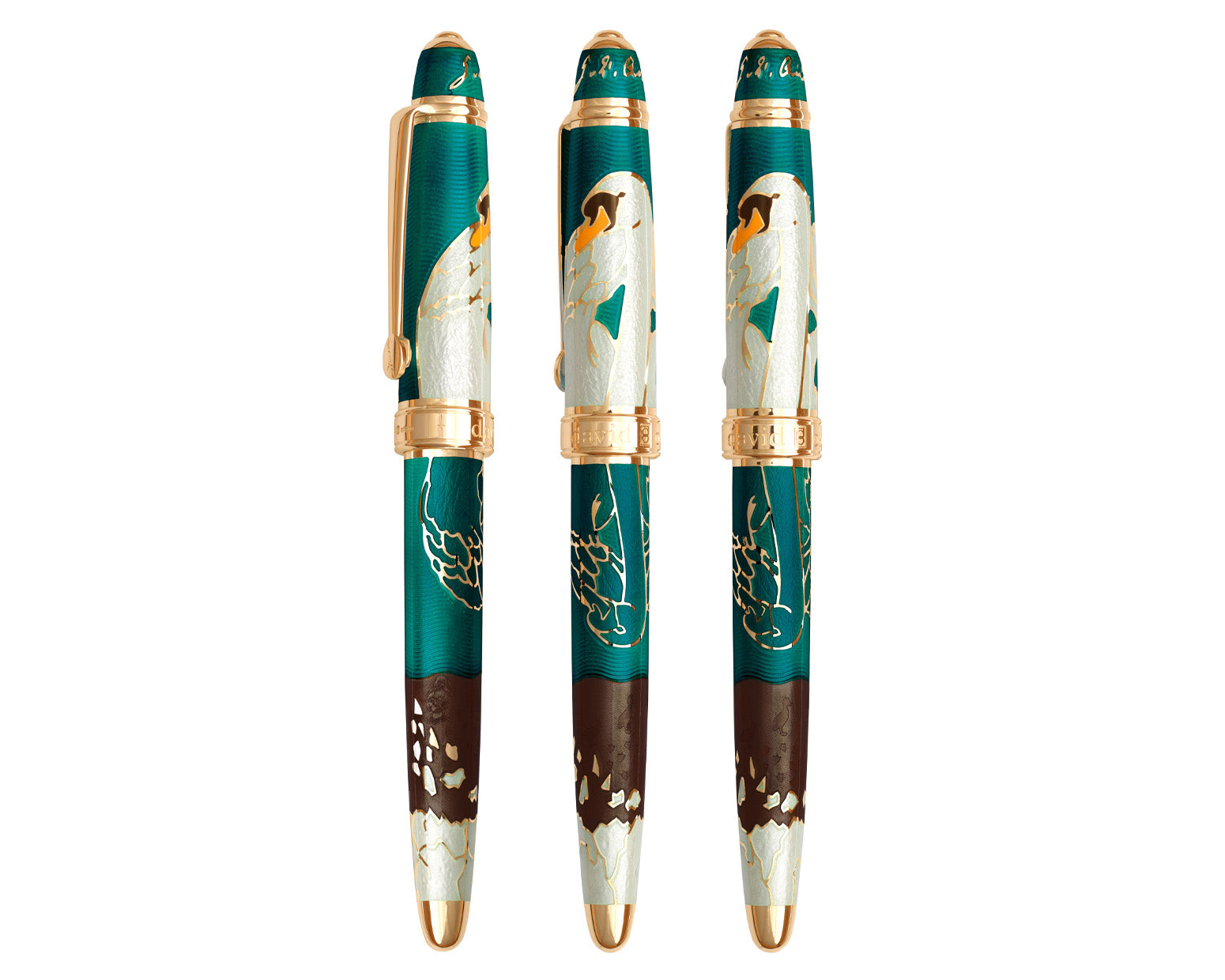 David Oscarson Hans Christian Andersen Fountain Pen - Translucent Teal, Liquid Coffee and White with Gold Vermeil
