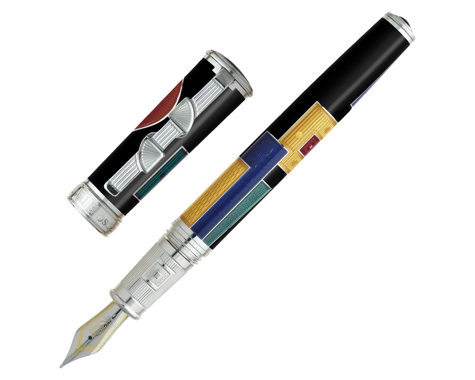 David Oscarson 15th Anniversary / American Art Deco Fountain Pen - Opaque Onyx Black and Multi Translucent Enamel