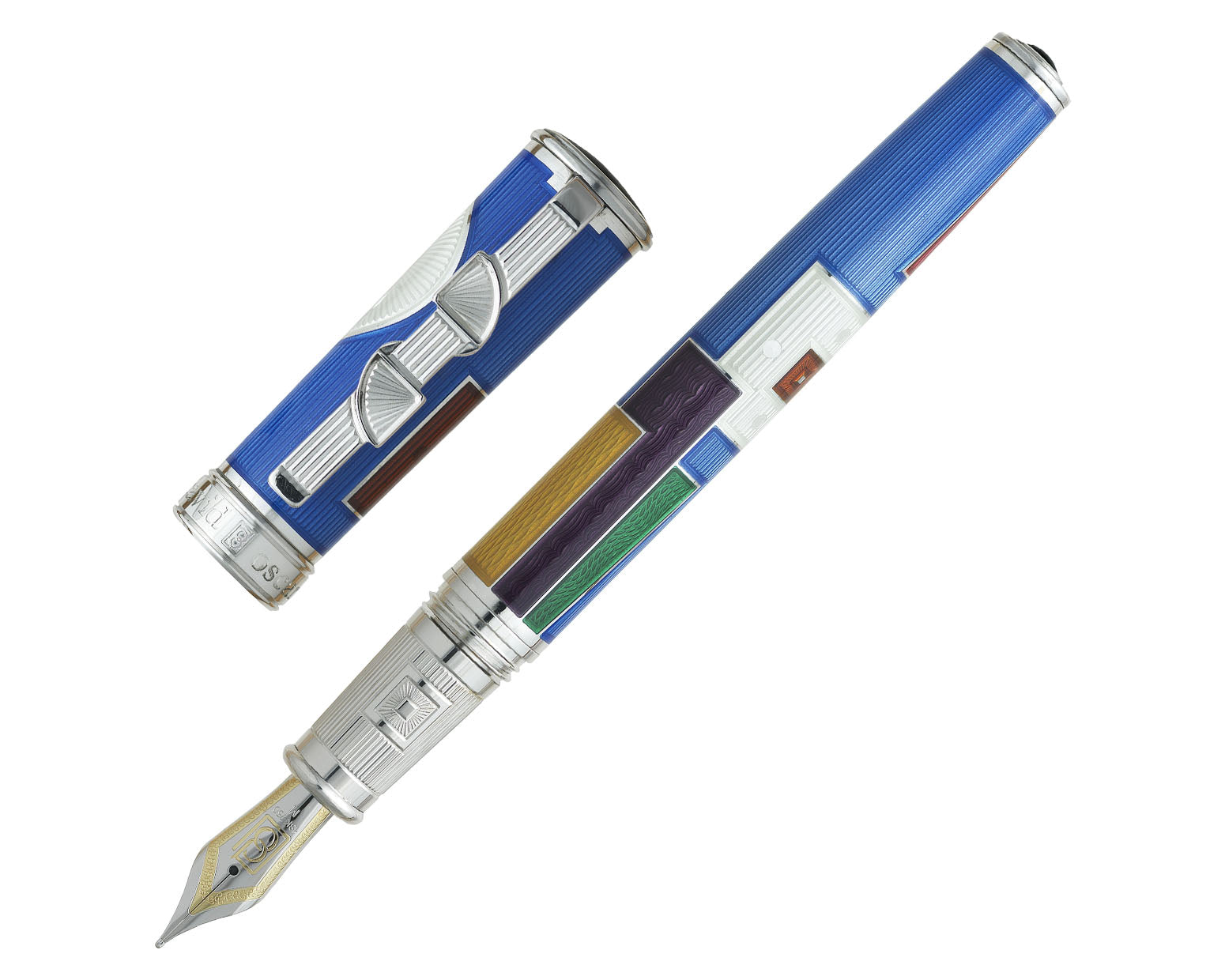 David Oscarson 15th Anniversary / American Art Deco Fountain Pen - Translucent Sapphire Blue with Multi-colored Enamel