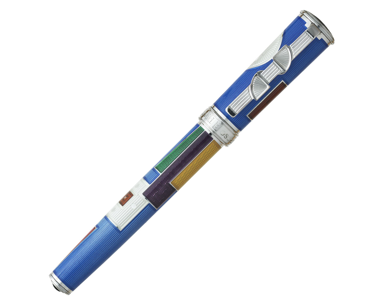 David Oscarson 15th Anniversary / American Art Deco Fountain Pen - Translucent Sapphire Blue with Multi-colored Enamel