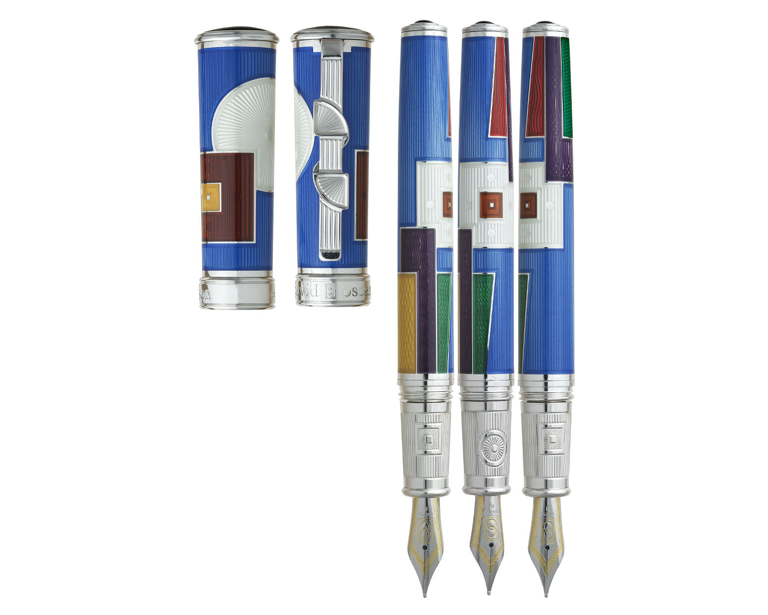 David Oscarson 15th Anniversary / American Art Deco Fountain Pen - Translucent Sapphire Blue with Multi-colored Enamel