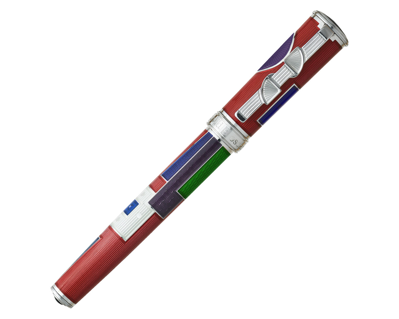 David Oscarson 15th Anniversary / American Art Deco Fountain Pen - Translucent Ruby Red with Multi-colored Enamel