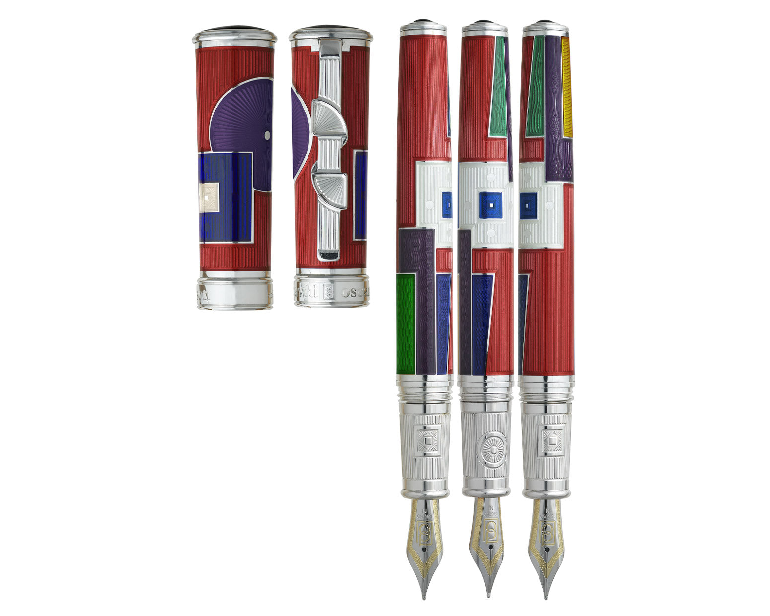 David Oscarson 15th Anniversary / American Art Deco Fountain Pen - Translucent Ruby Red with Multi-colored Enamel