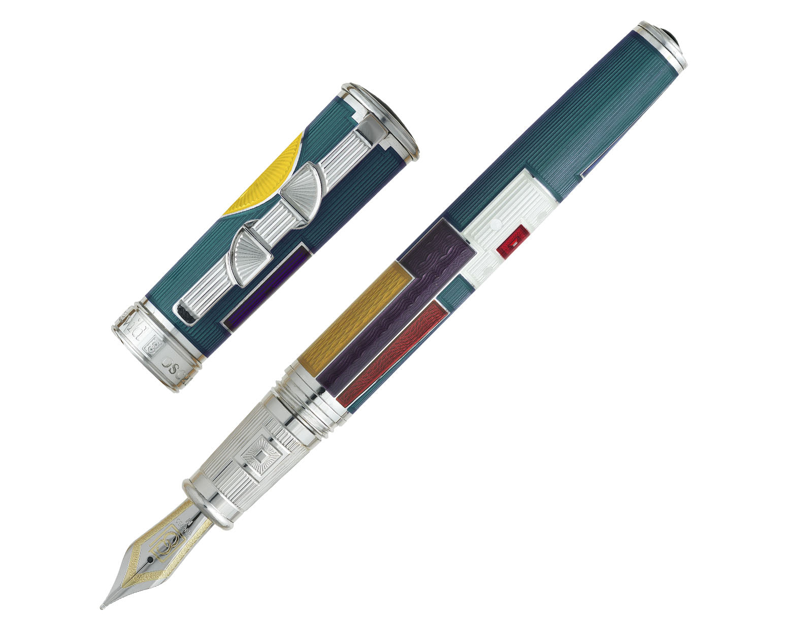 David Oscarson 15th Anniversary / American Art Deco Fountain Pen - Translucent Teal with Multi-colored Enamel