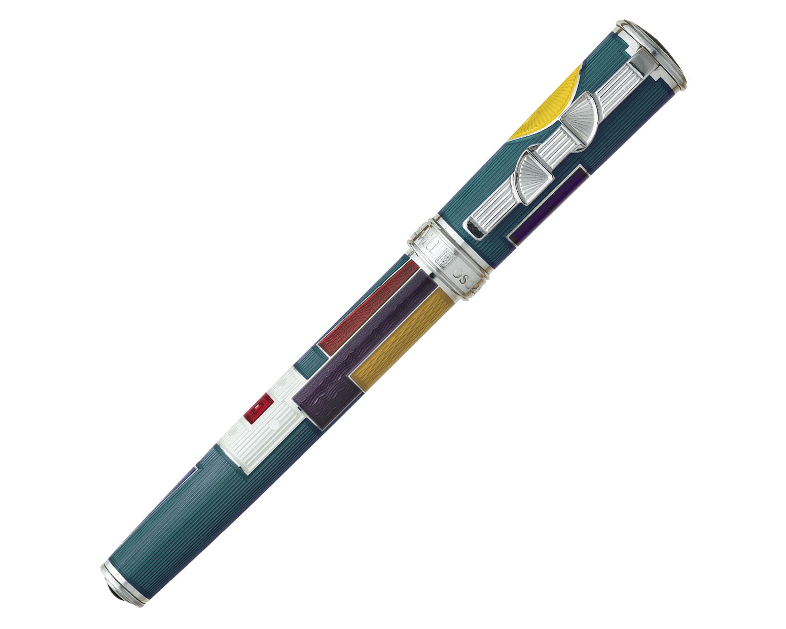 David Oscarson 15th Anniversary / American Art Deco Fountain Pen - Translucent Teal with Multi-colored Enamel