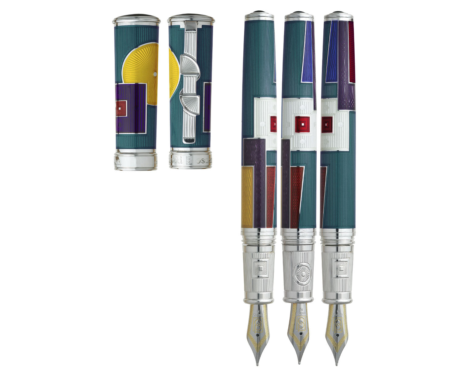 David Oscarson 15th Anniversary / American Art Deco Fountain Pen - Translucent Teal with Multi-colored Enamel