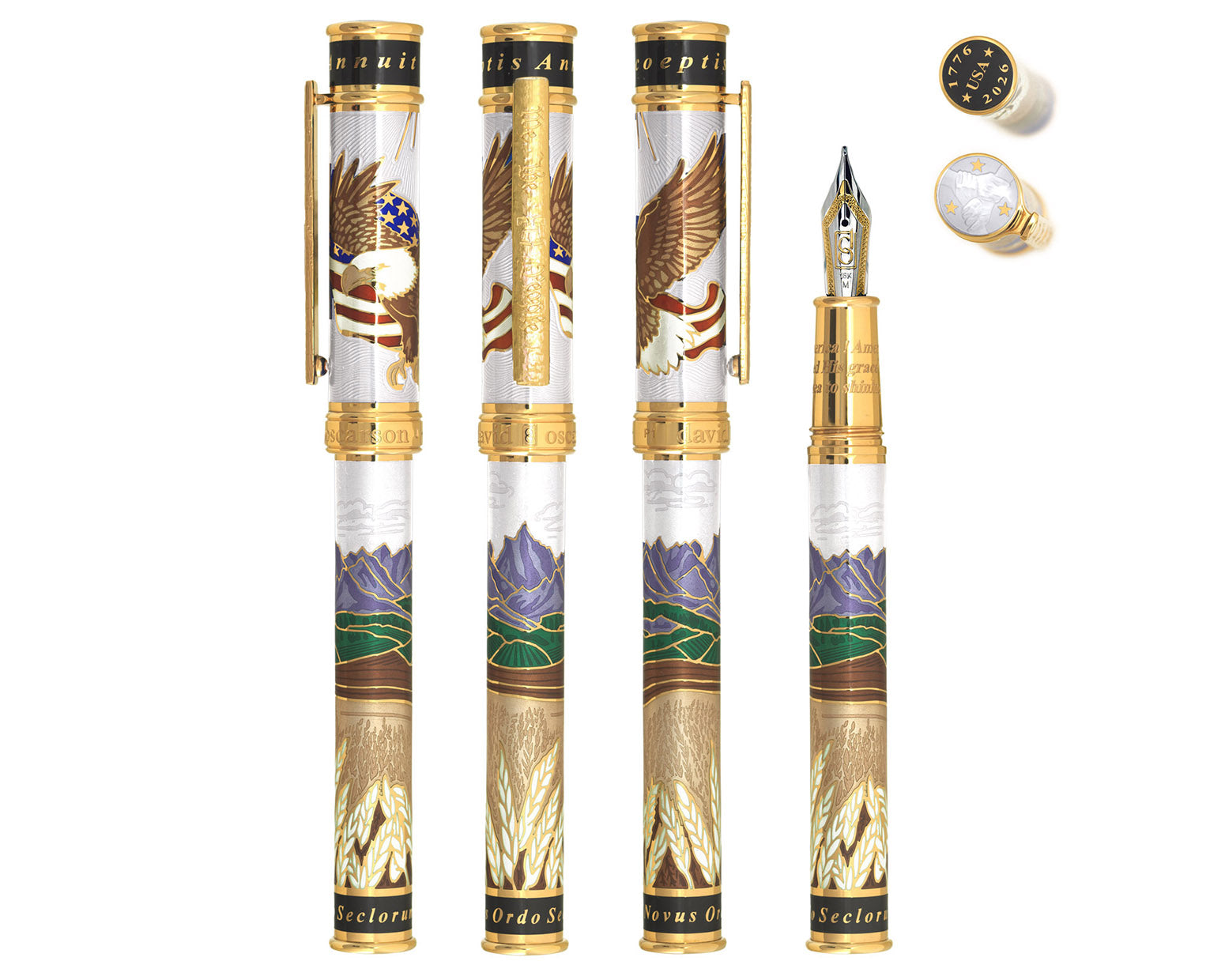 David Oscarson America The Beautiful Fountain Pen - Pearl White with Gold Vermeil