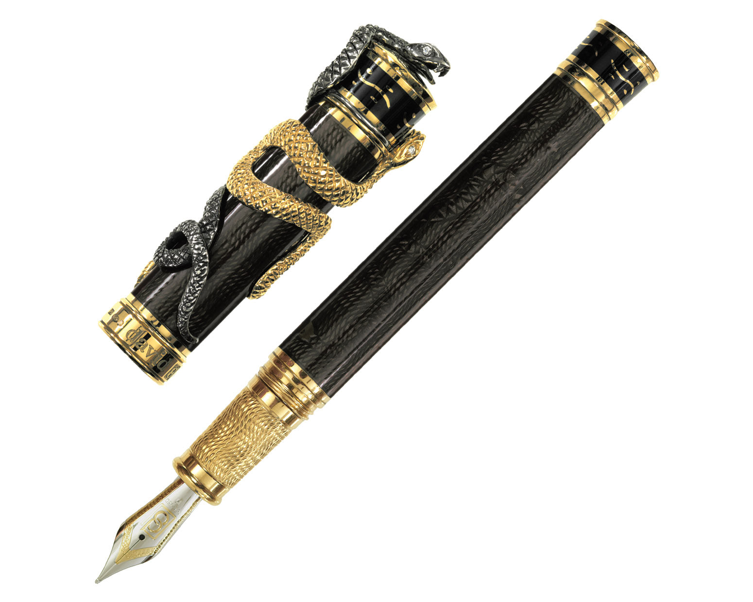 David Oscarson Black Water Snake Fountain Pen - Translucent Black Moss and Opaque Black Hard Enamel with Gold Vermeil