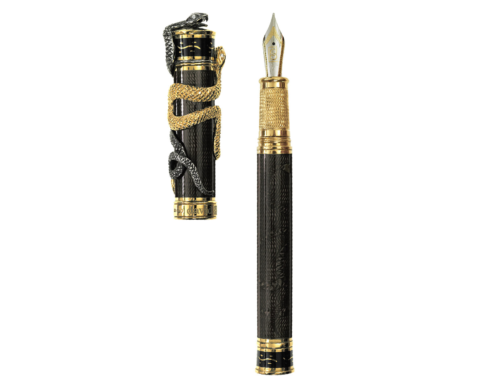 David Oscarson Black Water Snake Fountain Pen - Translucent Black Moss and Opaque Black Hard Enamel with Gold Vermeil