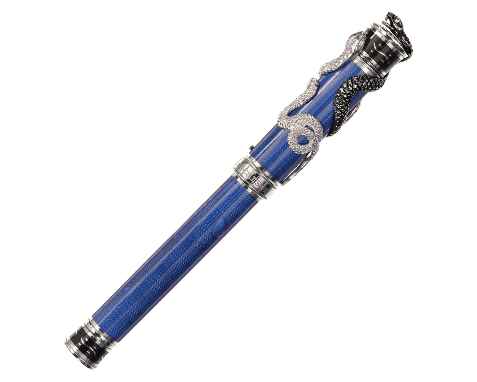David Oscarson Black Water Snake Fountain Pen - Translucent Royal Blue and Opaque Black Hard Enamel