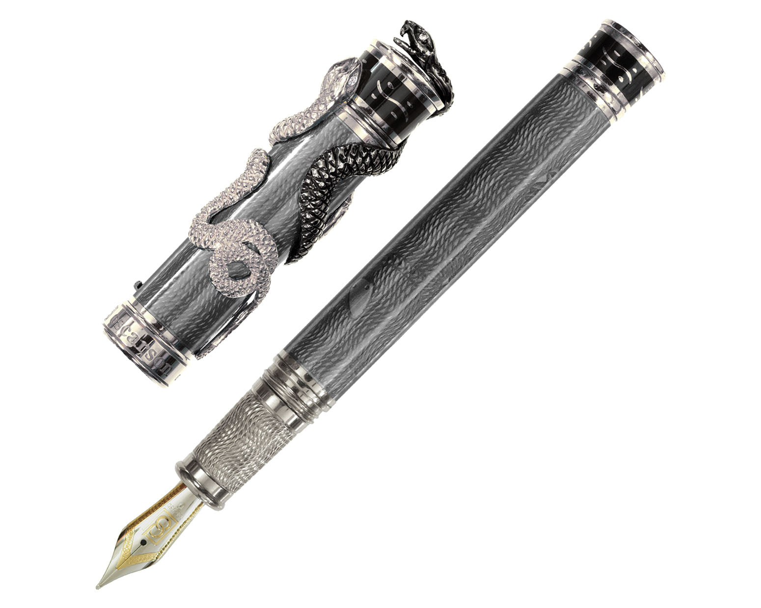 David Oscarson Black Water Snake Fountain Pen - Translucent Grey and Opaque Black Hard Enamel