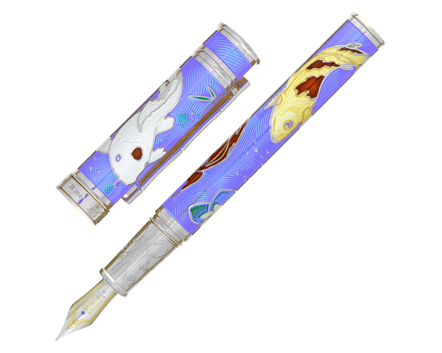 David Oscarson Koi Collection Fountain Pen - Azure Blue with Multi-Colored Hard Enamel