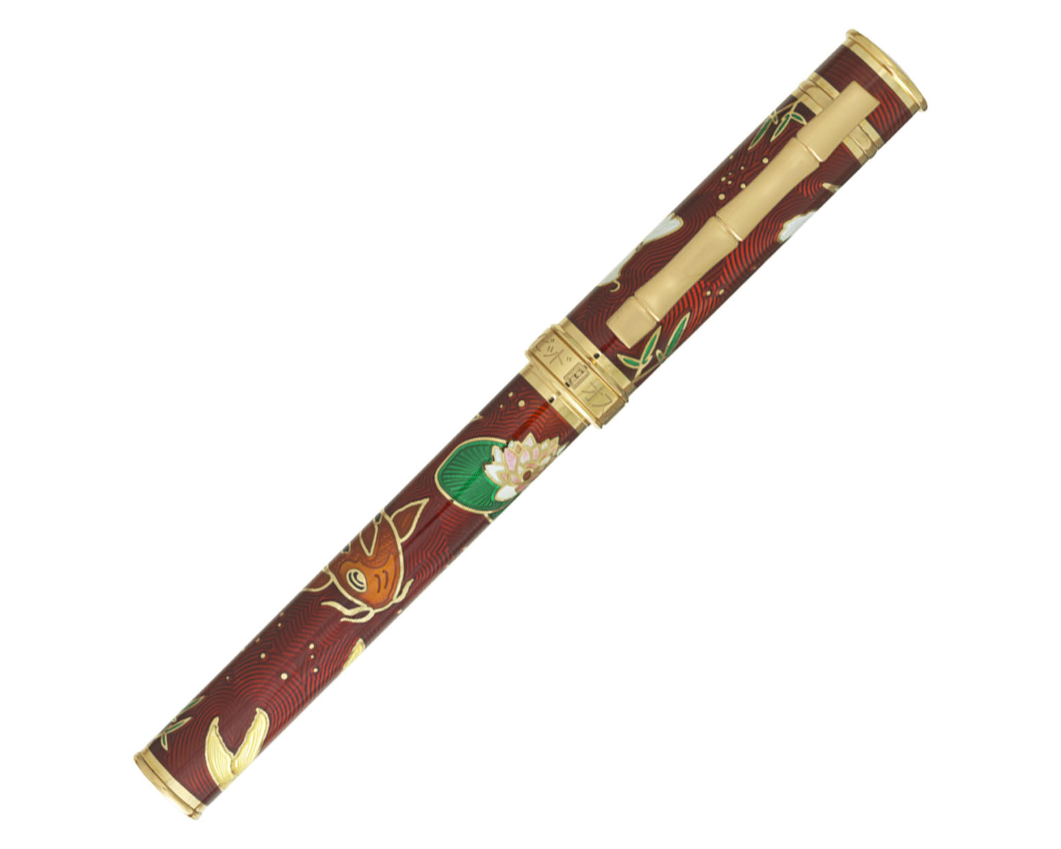David Oscarson Koi Collection Fountain Pen - Ruby Red with Multi-Colored Translucent Hard Enamel and Gold Vermeil