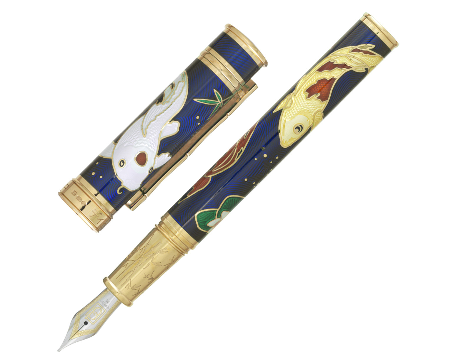 David Oscarson Koi Collection Fountain Pen - Sapphire Blue with Multi-colored Translucent Hard Enamel and Gold Vermeil