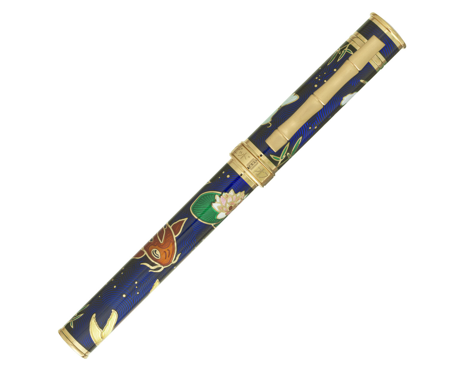 David Oscarson Koi Collection Fountain Pen - Sapphire Blue with Multi-colored Translucent Hard Enamel and Gold Vermeil