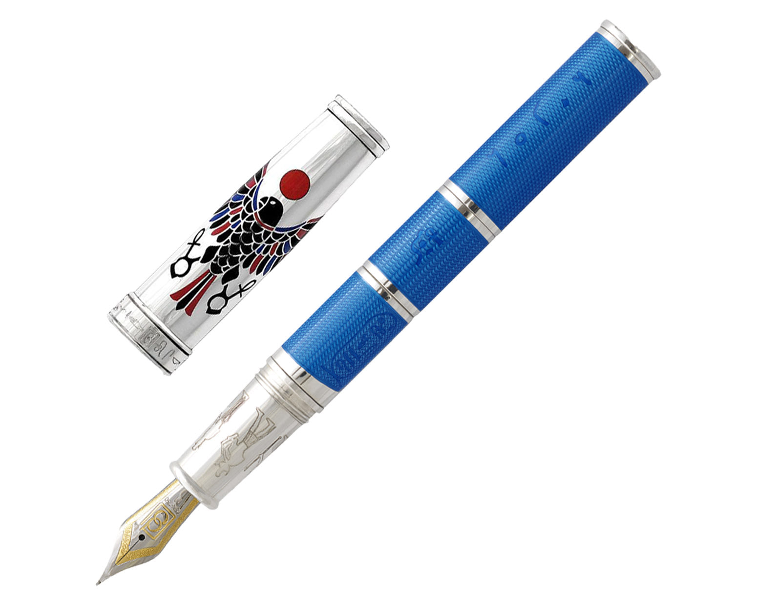 David Oscarson Rosetta Stone Fountain Pen - Translucent Sapphire Blue and Opaque Black, & Red Hard Enamel