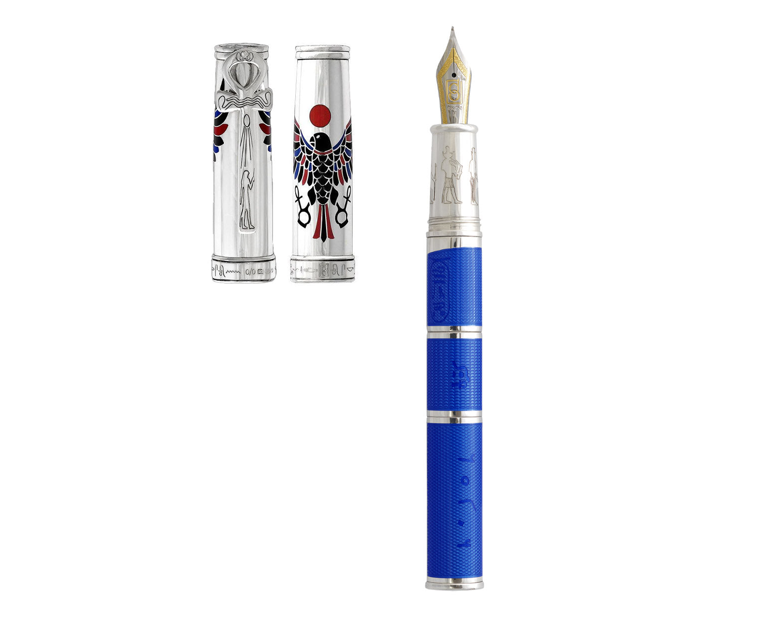 David Oscarson Rosetta Stone Fountain Pen - Translucent Sapphire Blue and Opaque Black, & Red Hard Enamel