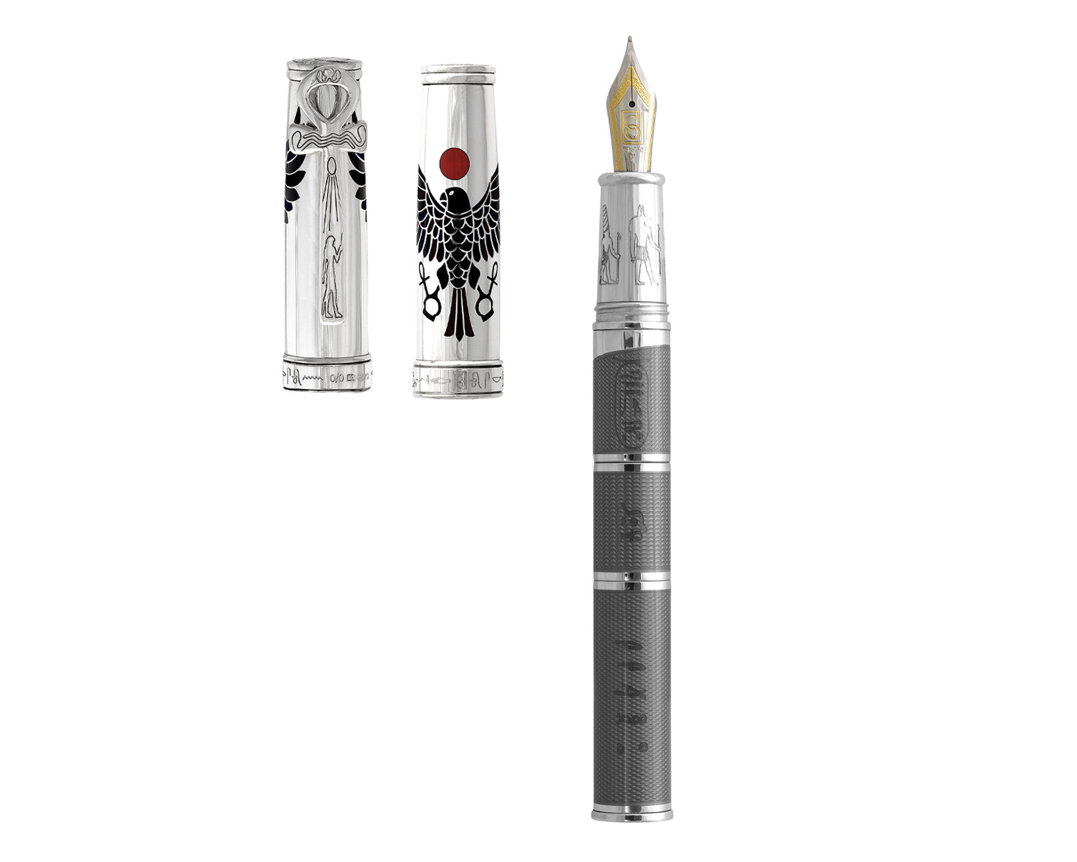 David Oscarson Rosetta Stone Fountain Pen - Translucent Grey, Opaque Black, & Red Hard Enamel