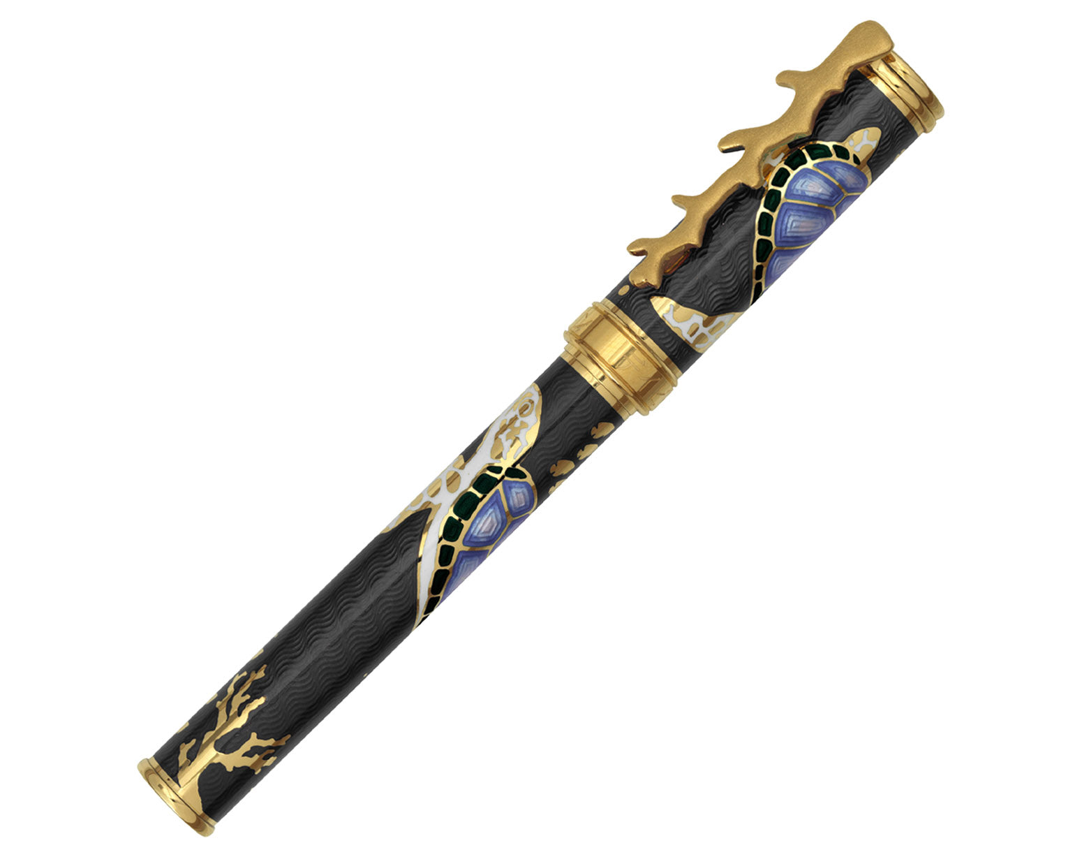 David Oscarson Sea Turtle Rollerball Pen - Mossy Black & Blue with Gold Vermeil