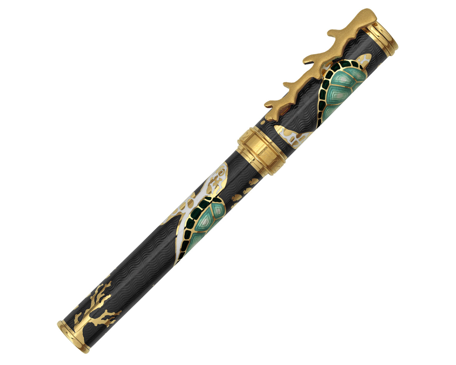 David Oscarson Sea Turtle Rollerball Pen - Mossy Black & Teal with Gold Vermeil
