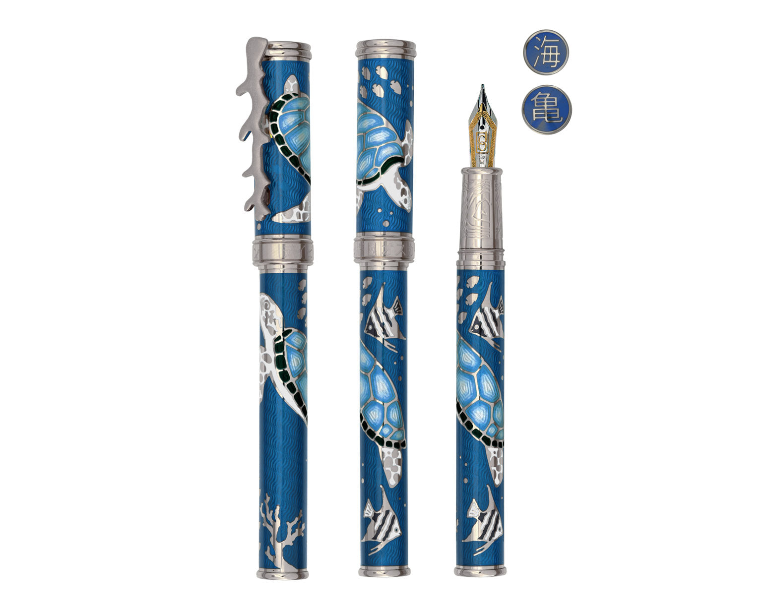 David Oscarson Sea Turtle Fountain Pen - Ocean Blue with Silver