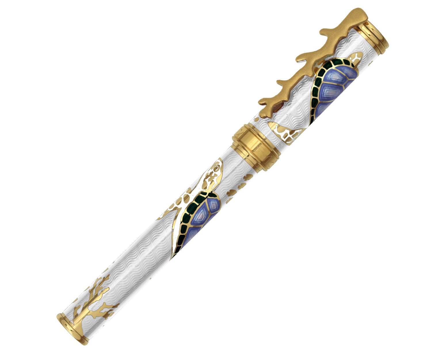 David Oscarson Sea Turtle Fountain Pen - White & Blue with Gold Vermeil