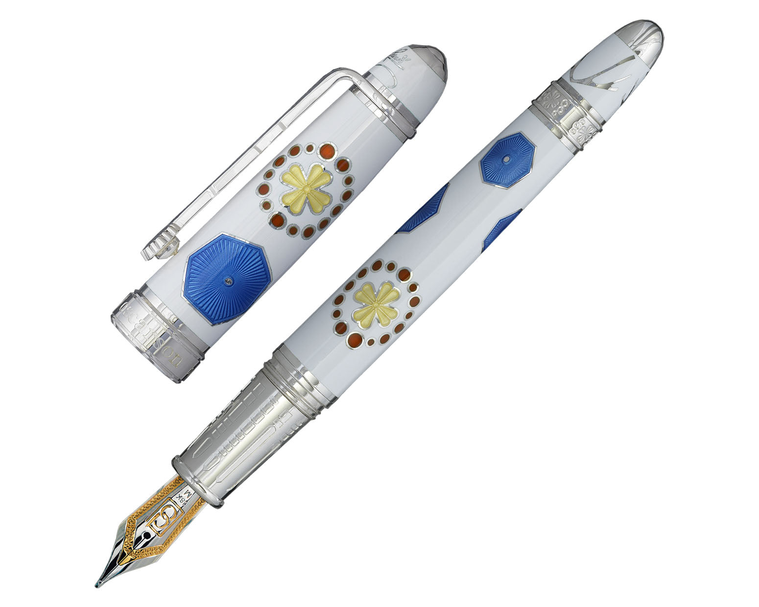 David Oscarson Sagrada Familia Fountain Pen - Opaque White, Translucent Orange, Blue and Yellow Hard Enamel