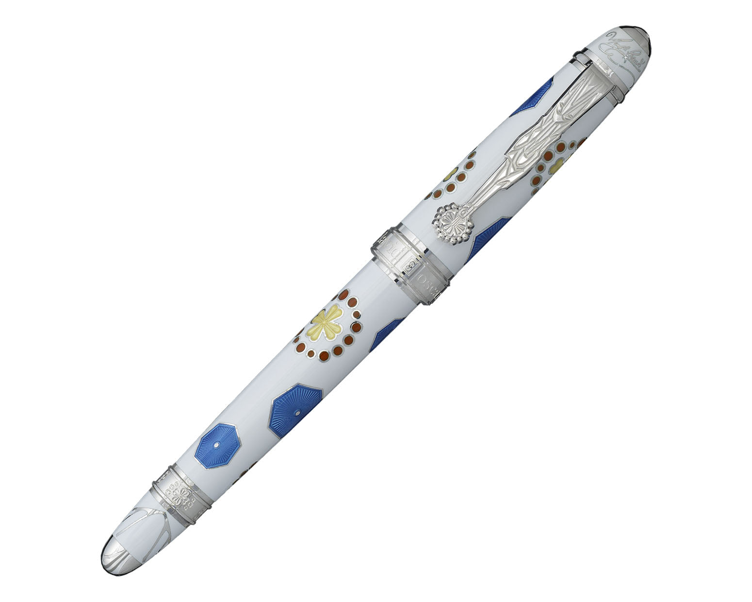 David Oscarson Sagrada Familia Fountain Pen - Opaque White, Translucent Orange, Blue and Yellow Hard Enamel