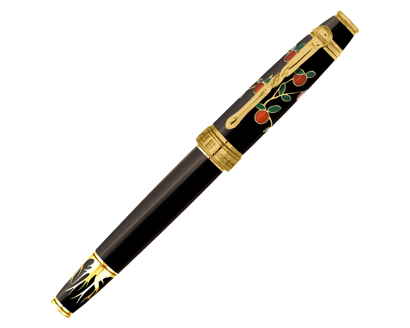David Oscarson Tree Of Life Fountain Pen - Black with Orange and Green with Gold Vermeil