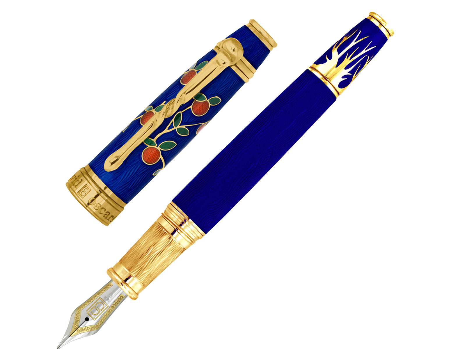 David Oscarson Tree Of Life Fountain Pen - Sapphire Blue with Orange and Green with Gold Vermeil