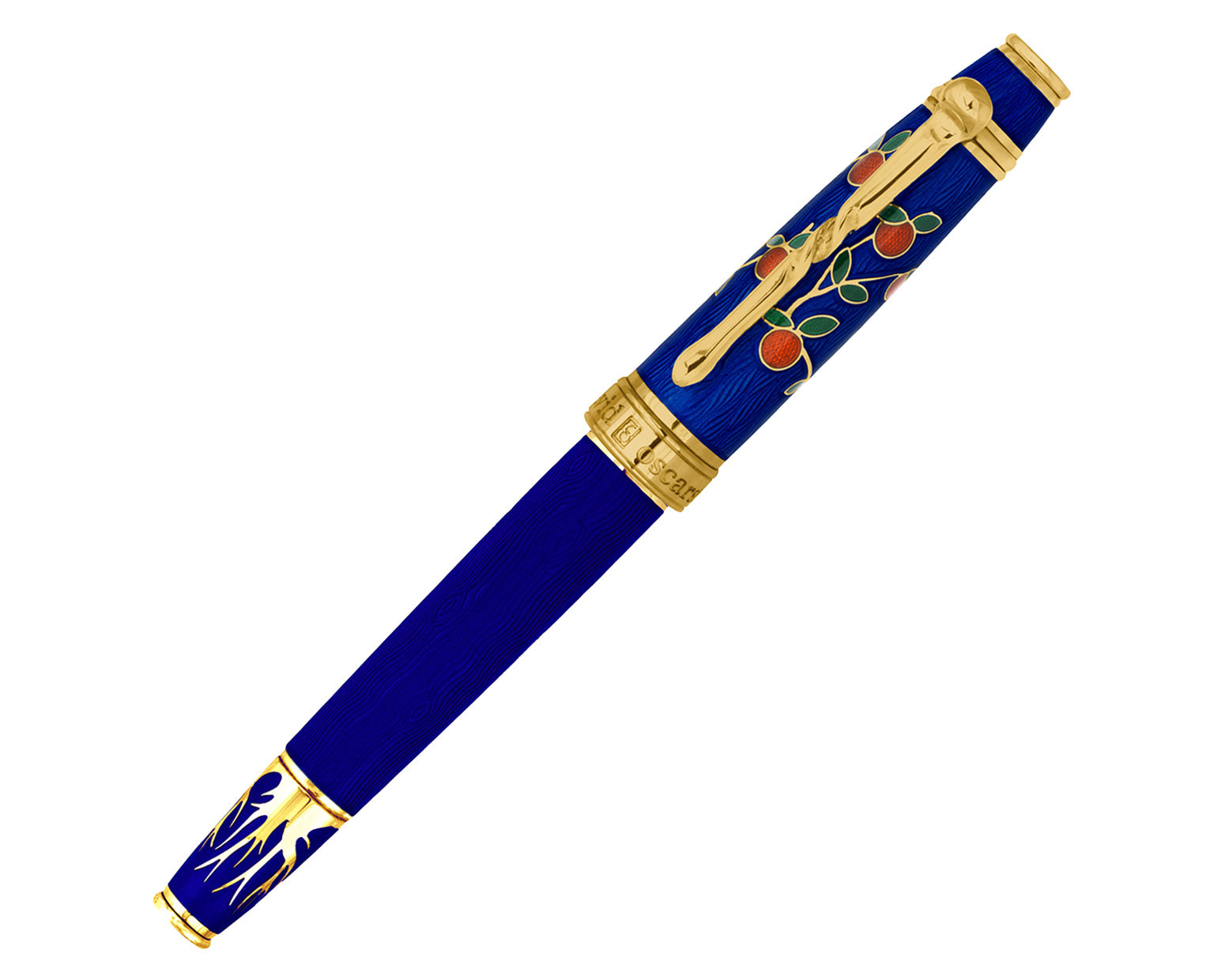 David Oscarson Tree Of Life Fountain Pen - Sapphire Blue with Orange and Green with Gold Vermeil