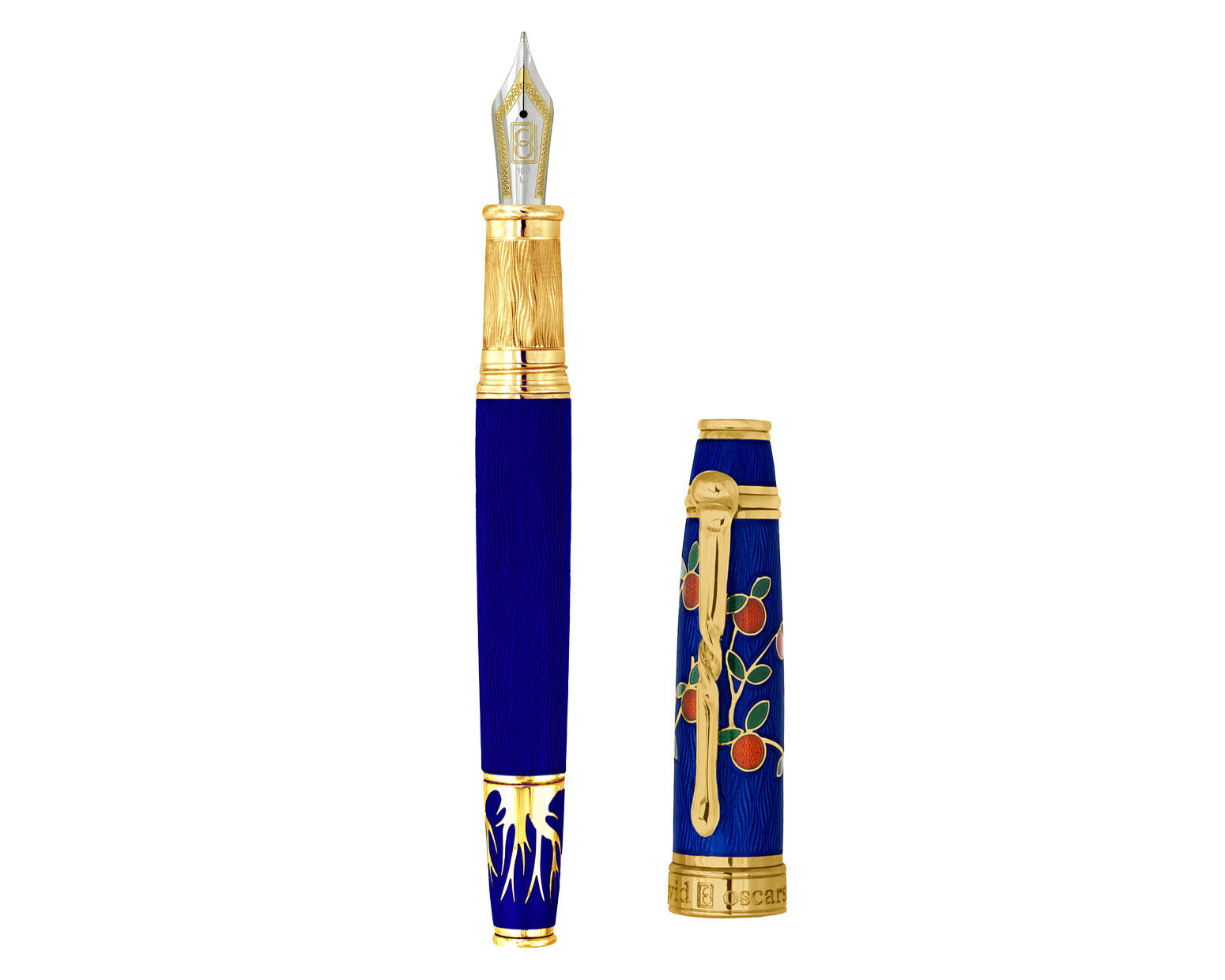 David Oscarson Tree Of Life Fountain Pen - Sapphire Blue with Orange and Green with Gold Vermeil