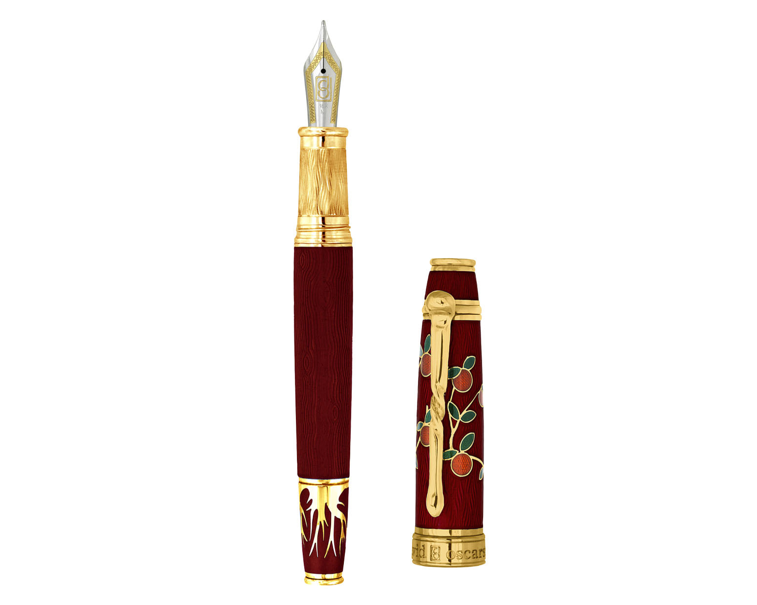 David Oscarson Tree Of Life Fountain Pen - Red with Orange and Green with Gold Vermeil