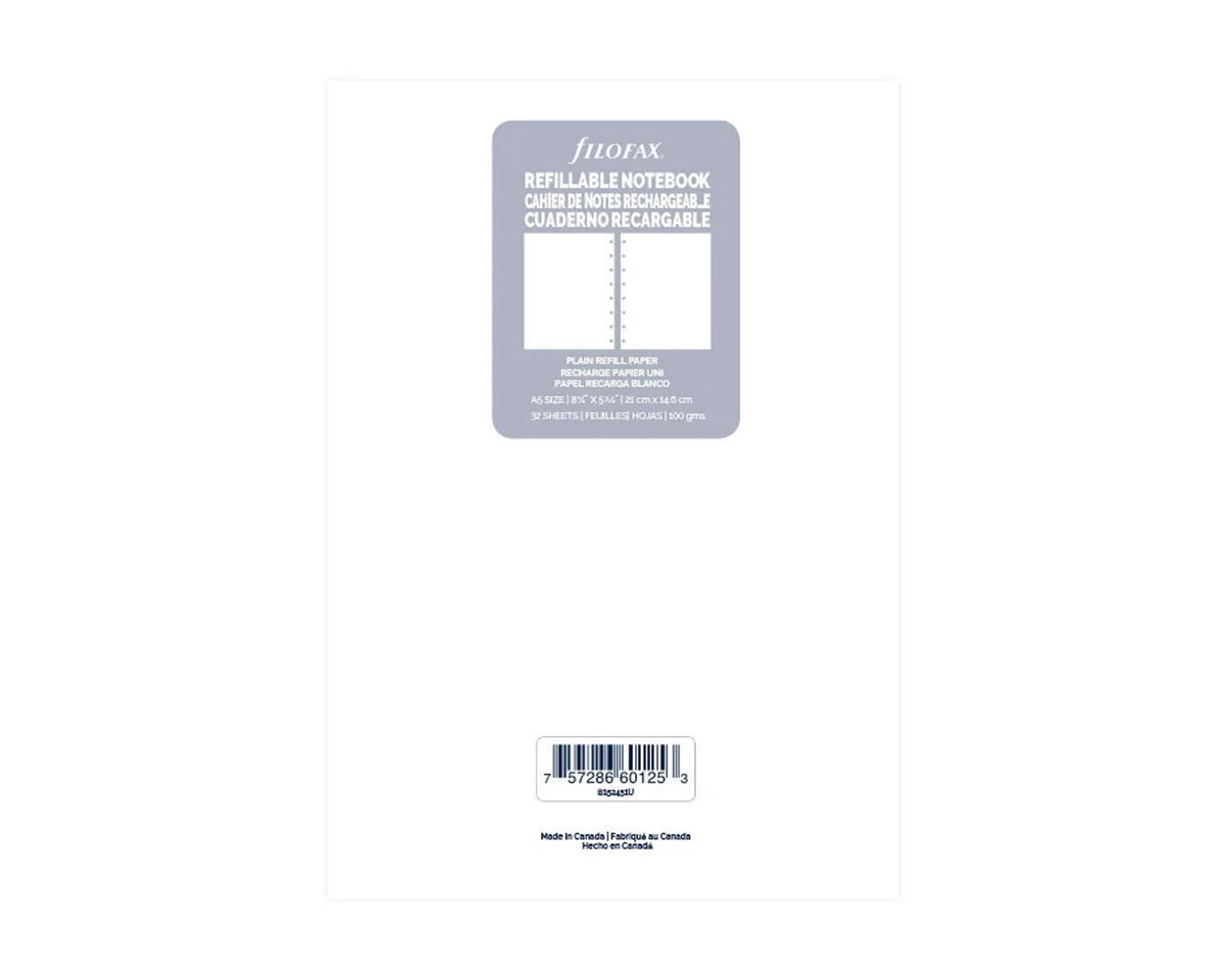 Filofax A5 Notebook Plain White Paper Refill - 32 Sheets