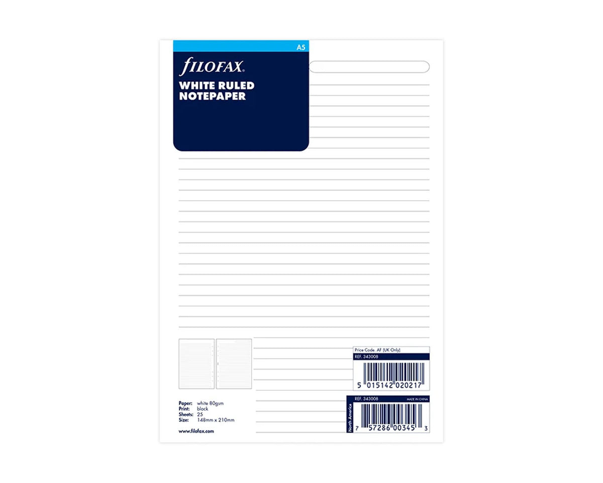 Filofax A5 White Ruled Notepaper Refill - 25 Sheets