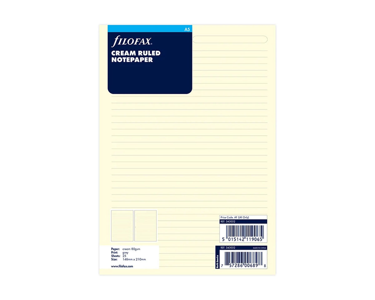 Filofax A5 Cream Ruled Notepaper Refill Sheets
