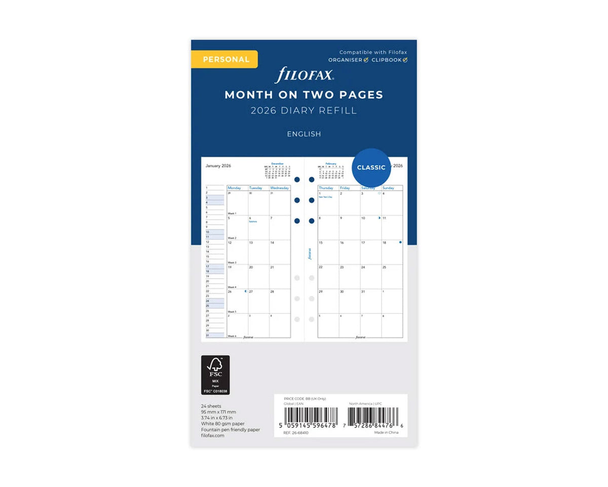 Filofax Personal Month On Two Pages 2026 Refill