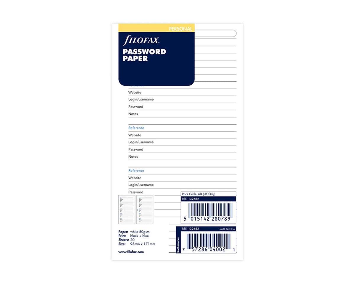 Filofax Personal Password Paper Refill Sheets
