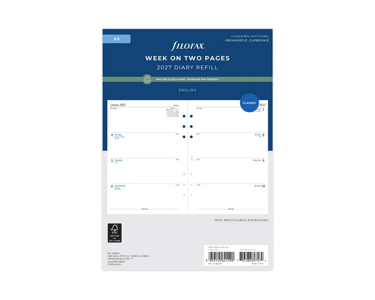 Filofax A5 Week On Two Pages 2027 Refill - Recycled Paper