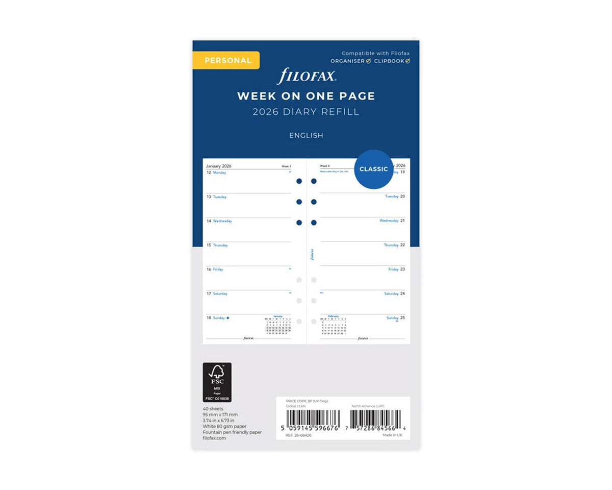 Filofax Personal Week On One Page 2026 Refill