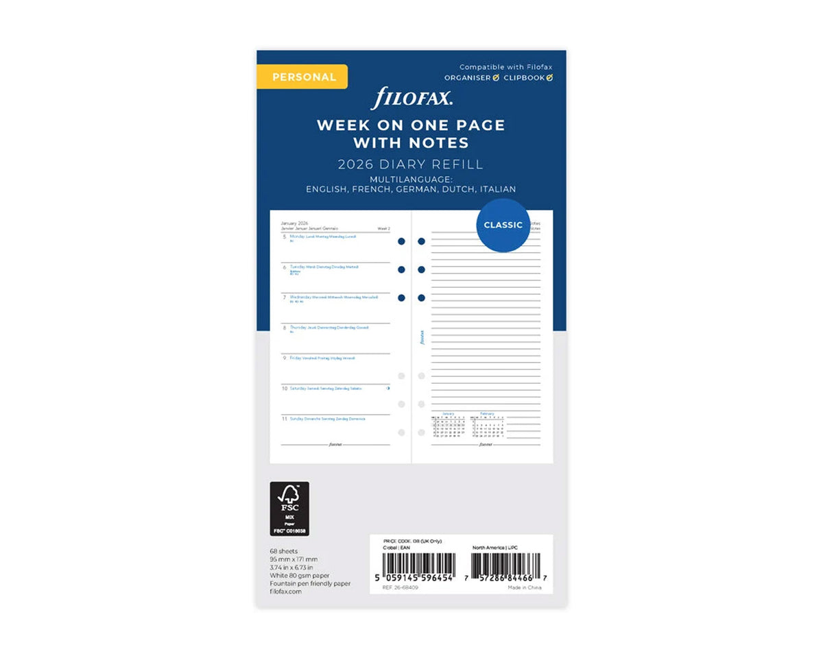 Filofax Personal Week on One Page with Notes 2026 Refill