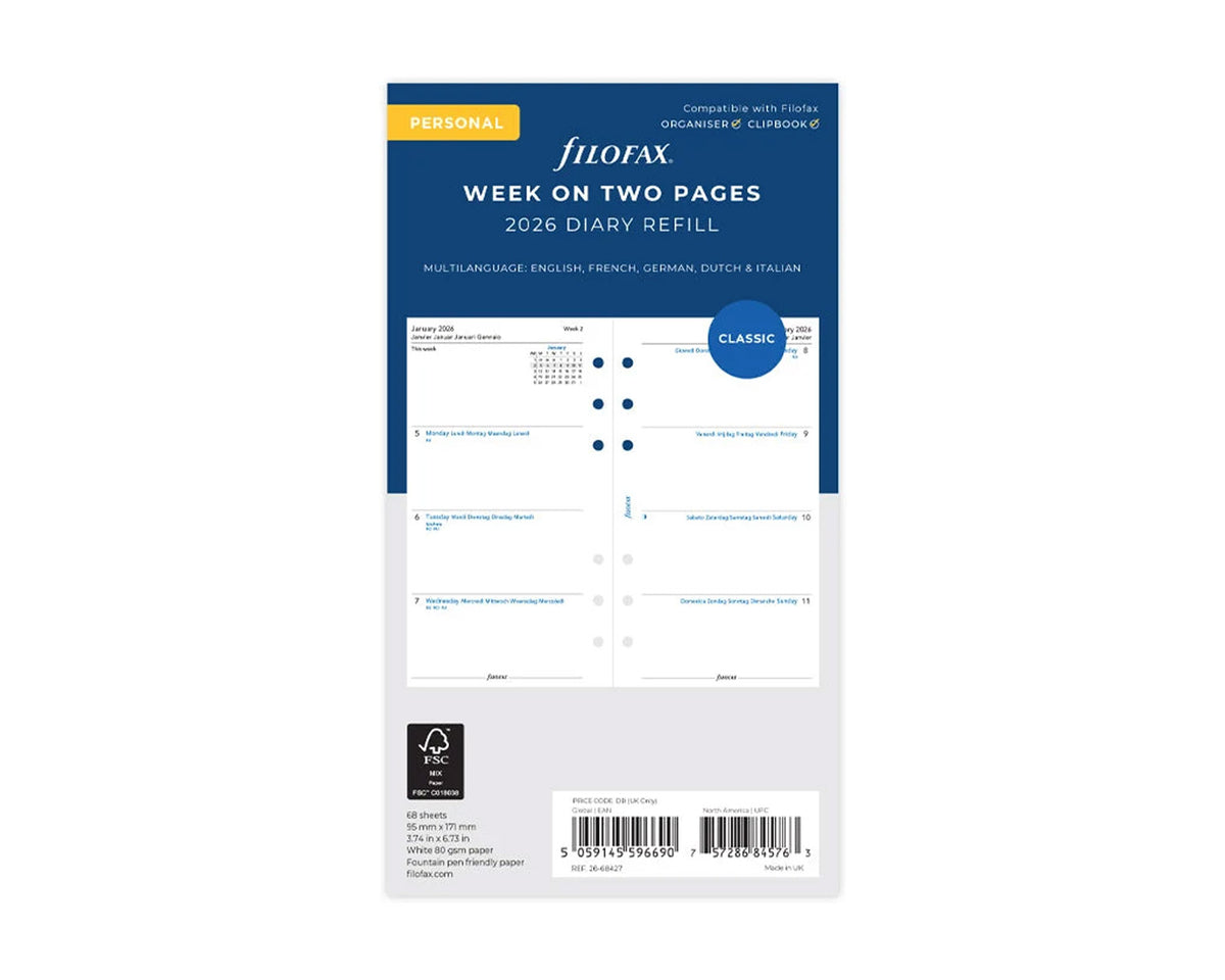 Filofax Personal Week on Two Pages 2026 Multilanguage Refill