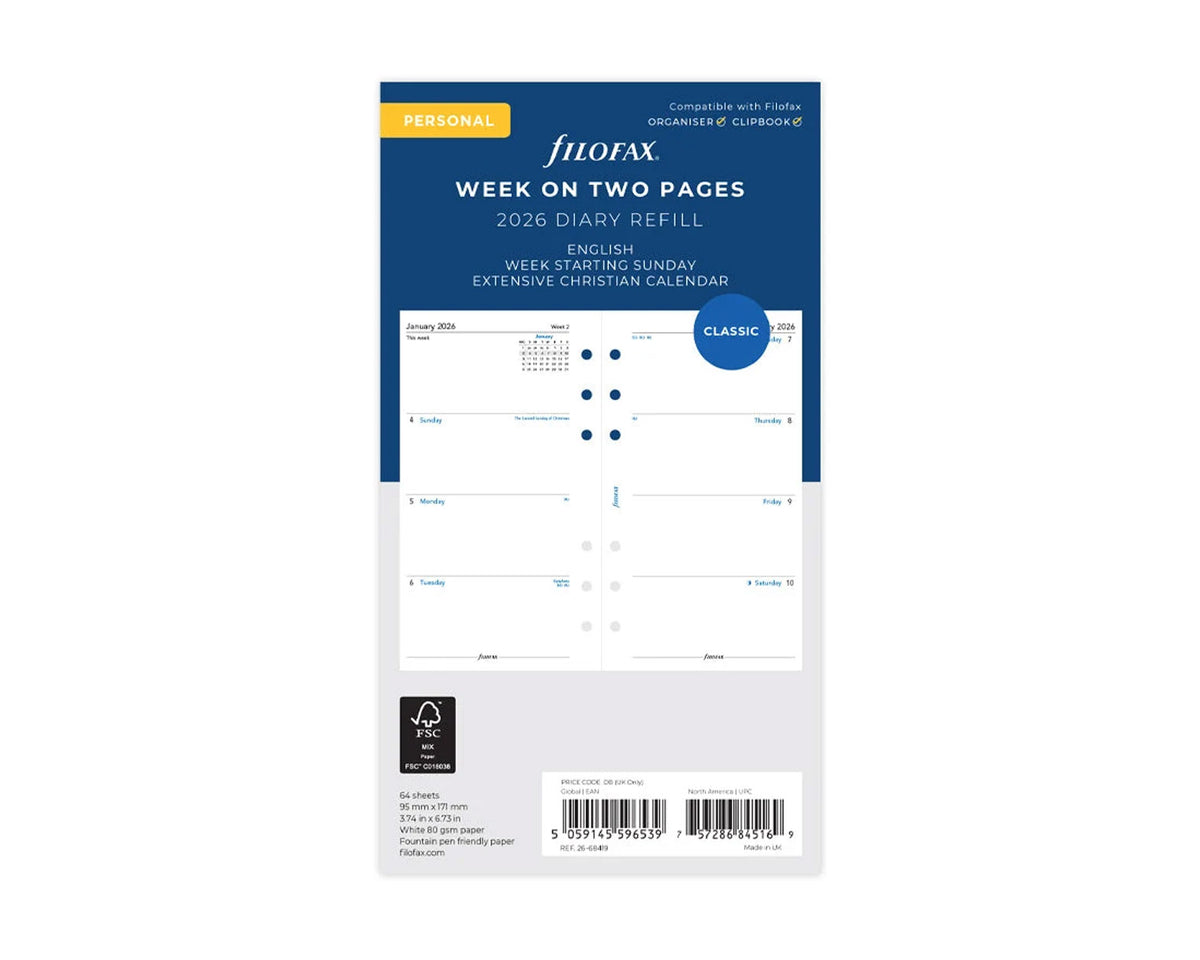 Filofax Personal Week on Two Pages 2026 Starting Sunday Refill