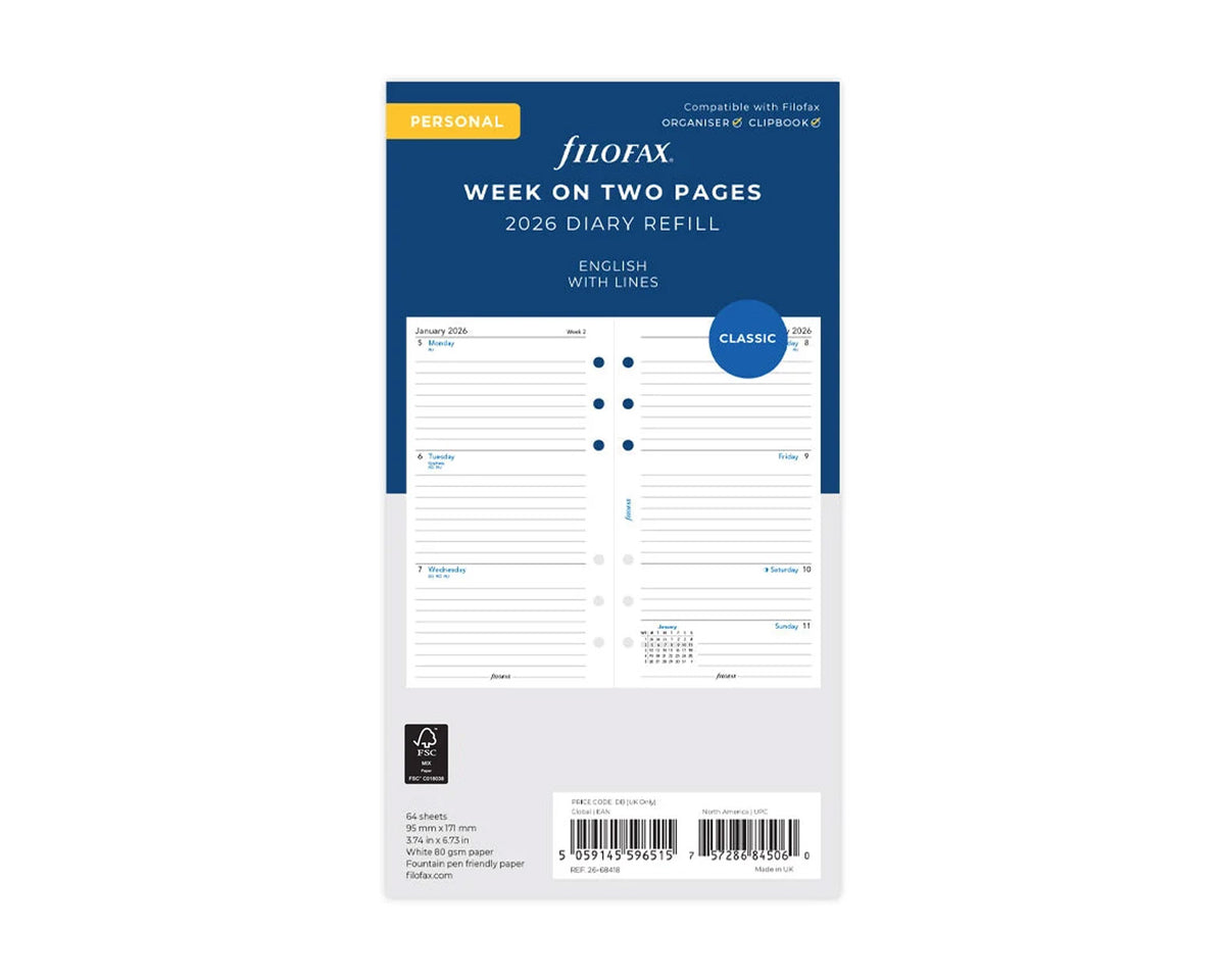 Filofax Personal Week on Two Pages with Lines 2026 Refill