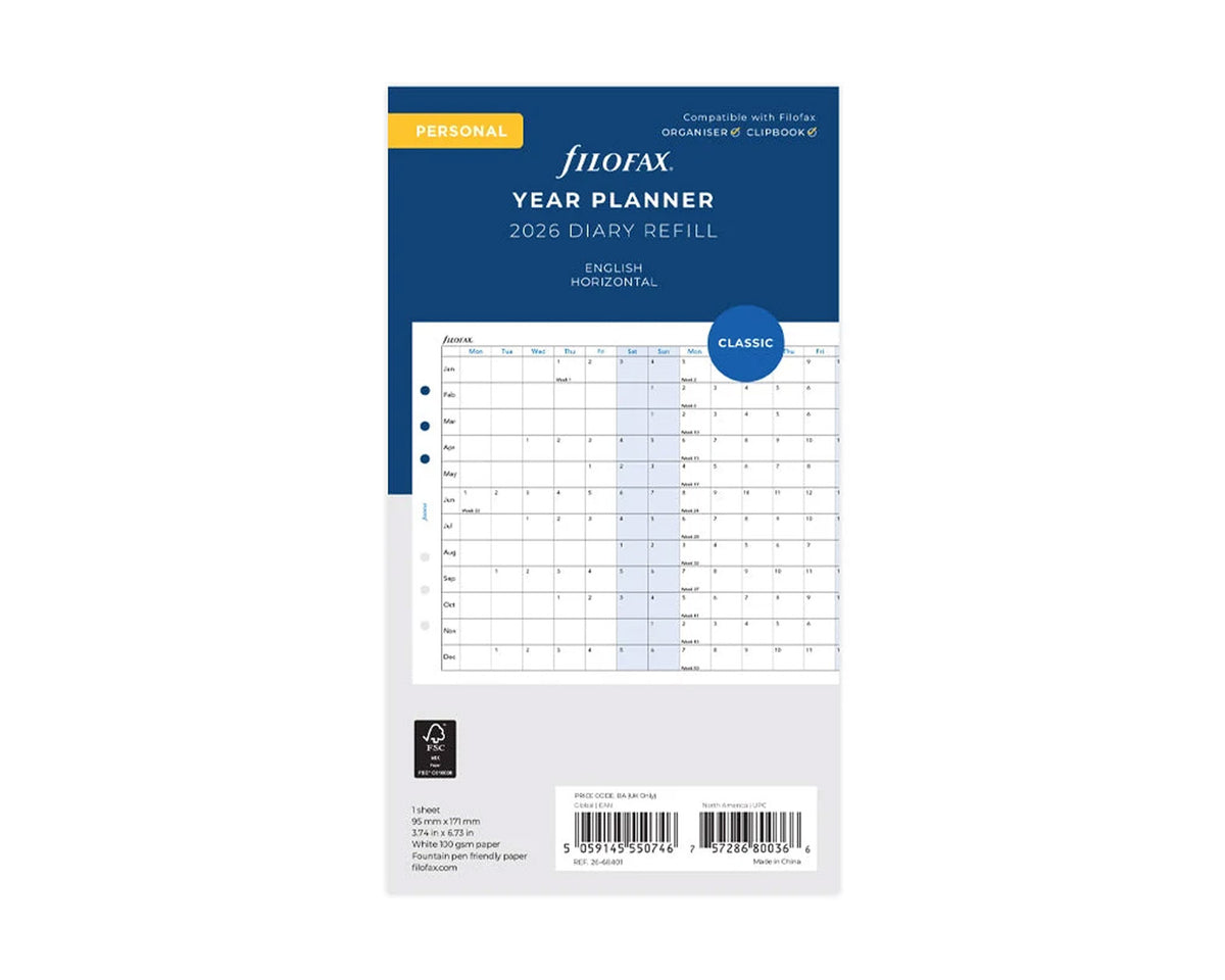 Filofax Personal Horizontal Year Planner 2026 Refill