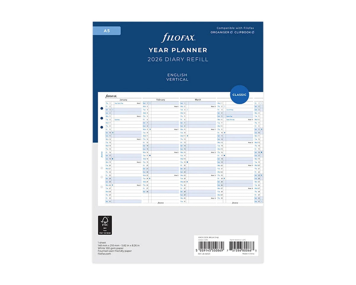 Filofax A5 Vertical Year Planner 2026 Refill
